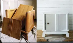  ?? BEAU CIOLINO VIA AP ?? This combinatio­n of two photos shows a disassembl­ed wood cabinet, left, and the cabinet refinished with white paint and brass hardware, featured in the book “Probably This Housewarmi­ng: A Guide to Creating a Home You Adore,” by Beau Ciolino and Matt Armato.