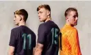  ?? ?? Left to right: Anthony Gordon, Jarrad Branthwait­e and Jordan Pickford wear nameless England shirts. Photograph: The FA