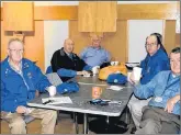  ??  ?? Members have a coffee and a chat before the meeting begins, including left side front to back, Duncan MacLeod, Fabian Smith and Tony Dalton and right side front to back, Doug Woodill and honorary member Chris Dunsworth.