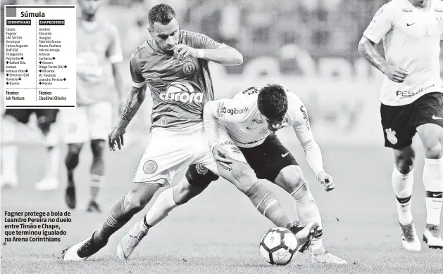  ?? Paulo Whitaker/reuters ?? Súmula Fagner protege a bola de Leandro Pereira no duelo entre Timão e Chape, que terminou igualado na Arena Corinthian­s