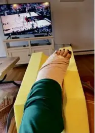  ?? ?? Even watching the Celtics win didn’t make it fun to spend two weeks with my foot propped up on a cheese-shaped chunk of foam.