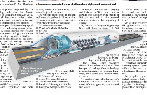  ??  ?? > A computer-generated image of a Hyperloop high-speed transport pod > Could Hyperloop travel be on the cards?