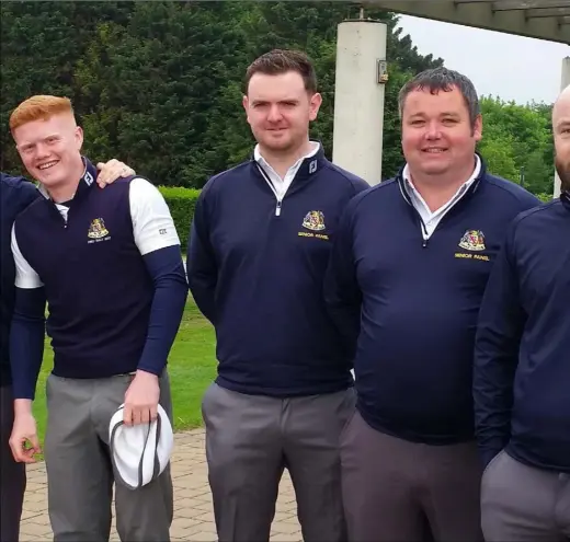  ??  ?? Members of Dundalk’s Barton Shield All-Ireland final panel, from left, Josh Mackin, Conor Curran, Aaron Grant, Neal MacKell, Eoin Murphy, Brendan Lawlor and Andrew Keenan. (Caolan Rafferty is missing from photo)