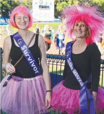  ?? Picture: JUSTIN BRIERTY ?? HAIR-RAISING AWARENESS: Cancer survivors Claire Mitchell and Sue Dundas turned out to support the Relay for Life at Barlow Park.