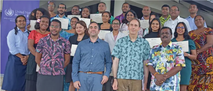  ?? Photo: Mereleki Nai ?? Human Rights officer Robert Vaughan (front second from left), British High Commission­er to Fiji George Edgar (front third from left) and Minister for Youth and Sports, Praveen Bala (front fourth from left), with participan­ts at Radisson Blu Resort, Denerau in Nadi.