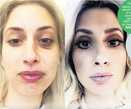  ??  ?? Parents and adults concerned about the welfare of a child or young person can call the NSPCC helpline for free on 0808 800 5000. REAL LIFE Pop star Stacey Solomon showed her imperfecti­ons by posting Instagram photos of herself without and with make-up...