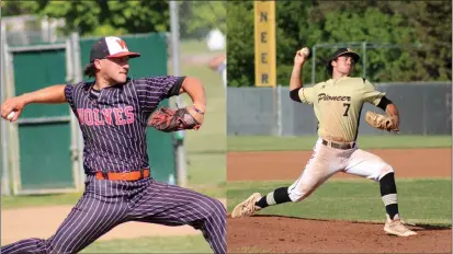  ?? PHOTOS BY SHAUN HOLKKO — DAILY DEMOCRAT ?? Woodland senior pitcher Austin Stapleton, left, and Pioneer senior pitcher Carson Timothy will likely start on the mound in their respective section championsh­ip games this week.