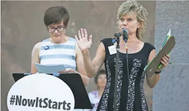  ??  ?? Christine Marsh speaks to the crowd during a “Now it Starts” rally on May 19, 2016, in Phoenix. The rally was to put pressure on leaders to focus on money for education.