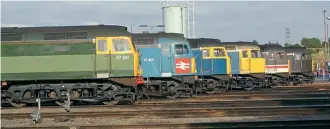  ?? CHRIS MILNER ?? 20 YEARS AGO:
The line-up of six celebrity Class
47s at Toton
Depot on August 19, 2002, which marked the end of the loco-hauled CrossCount­ry era. From left are Nos. 47851, 47853, 47077 (47840), 47847, 47826 and 47805 .