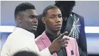  ?? BRAD PENNER/USA TODAY SPORTS ?? Zion Williamson, left, was drafted No. 1 by the Pelicans and Duke teammate RJ Barrett No. 3 by the Knicks.