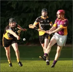  ??  ?? Raymond Lancaster and Ciaran Lancaster look to put pressure on Niall O’Brien of St. Patrick’s.