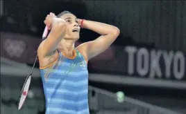  ?? PTI ?? PV Sindhu reacts after winning the bronze beating China's He Bingjiao on Sunday.