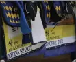  ?? JULIO CORTEZT - THE ASSOCIATED PRESS ?? Saddles for Kentucky Derby winner and Preakness entrant Medina Spirit, left, and Concert Tour are seen on a railing in the stables ahead of the Preakness Stakes horse race at Pimlico Race Course, Wednesday, May 12, 2021, in Baltimore.