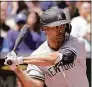  ?? Charlie Riedel / Associated Press ?? The New York Yankees’ Giancarlo Stanton bats during the first inning against the Kansas City Royals on May 1.