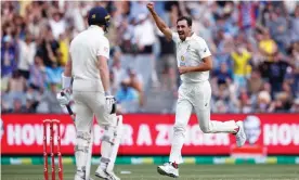  ?? Photograph: Daniel Pockett/Cricket Australia/Getty Images ?? Mitchell Starc celebrates after dismissing Zak Crawley to put Australia in control.