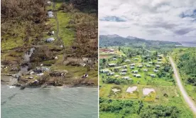  ?? Defence Force; Walter Gerard/Guardian Design ?? Left: destructio­n caused by Cyclone Winston in Fiji in 2016; right: the village of Vunidogolo­a, which in 2014 became the first village in Fiji to be relocated. Illustrati­on: Reuters/NZ