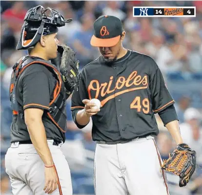  ?? KATHY WILLENS/ASSOCIATED PRESS ?? Orioles starter Yovani Gallardo, listening to catcher Francisco Pena during the second inning, gave up seven earned runs on six hits and a walk in 11⁄ innings, the shortest outing of his major league career. His ERA climbed to 5.69. The Yankees...