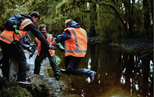  ??  ?? ABOVE / Terrain within the clean-up environmen­t could be tricky to navigate. Some younger members of the group help each other across the creek-line.