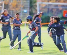  ?? Courtesy: ECB ?? UAE women cricketers celebratin­g one of their two victories over the Netherland­s.