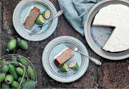  ??  ?? Feijoa cake with lemon and macadamia icing.