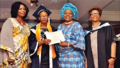  ??  ?? L-R Mrs.Dare, Bolarinwa Dare, a degree foundation student receiving her certificat­e from the Director General, Lagos State Education Quality Assurance, Mrs. Ronke Shoyombo; and Mrs. Abolaji Osime, at the 17TH graduation ceremony of Global Internatio­nal College, Lagos…recently