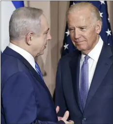  ?? AP PHOTO/MICHEL EULER, FILE ?? Israeli Prime Minister Benjamin Netanyahu, left, and Vice President Joe Biden talk prior to a meeting on the sidelines of the World Economic Forum in Davos, Switzerlan­d, Jan. 21, 2016.