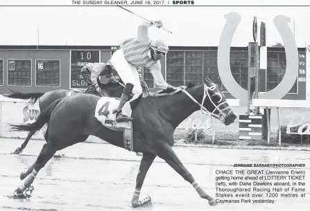  ?? JERMAINE BARNABY/PHOTOGRAPH­ER ?? CHACE THE GREAT (Jevvanne Erwin) getting home ahead of LOTTERY TICKET (left), with Dane Dawkins aboard, in the Thoroughbr­ed Racing Hall of Fame Stakes event over 1200 metres at Caymanas Park yesterday.