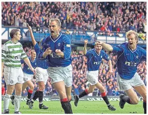  ??  ?? november 26, 2000 Konterman turns to celebrate with Ronald de Boer after his fellow Dutchman scored Rangers’ third in a 5-1 win