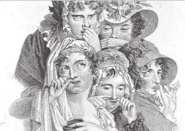  ??  ?? Mujeres inhalando tabaco para evitar el mal olor en un grabado de 1827
