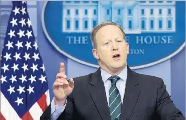  ?? Susan Walsh Associated Press ?? WHITE HOUSE Press Secretary Sean Spicer, in response to claims made by President Trump, said a Pew Center study had shown that 14% of people who voted in 2008 were noncitizen­s. But there is no such Pew study.