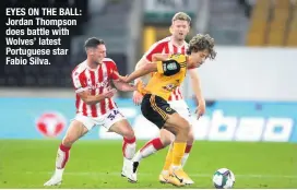  ??  ?? EYES ON THE BALL: Jordan Thompson does battle with Wolves’ latest Portuguese star Fabio Silva.