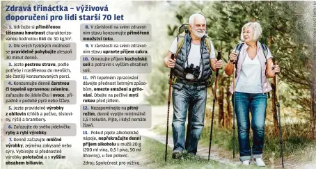  ?? ?? 1. Udržujte si přiměřenou tělesnou hmotnost charakteri­zovanou hodnotou BMI do 30 kg/m2.
2. Dle svých fyzických možností se pravidelně pohybujte alespoň 30 minut denně.
3. Jezte pestrou stravu, podle potřeby i rozdělenou do menších, ale častěji konzumovan­ých porcí.
4. Konzumujte denně čerstvou či tepelně upravenou zeleninu, zařazujte do jídelníčku i ovoce, případně v podobě pyré nebo šťávy.
5. Jezte pravidelně výrobky z obilovin (chléb a pečivo, těstoviny, rýži) a brambory.
6. Zařazujte do svého jídelníčku ryby a rybí výrobky.
7. Denně zařazujte mléčné výrobky, zejména zakysané nebo sýry. Vybírejte si přednostně výrobky polotučné as vyšším obsahem bílkovin.
8. V závislosti na svém zdravotním stavu konzumujte přiměřené množství tuku.
9. V závislosti na svém zdravotním stavu upravte příjem cukru. 10. Omezujte příjem kuchyňské soli a potravin s vyšším obsahem soli.
11. Při tepelném zpracování dávejte přednost šetrným způsobům, omezte smažení a grilování. Dbejte na pečlivé mytí rukou před jídlem.
12. Nezapomíne­jte na pitný režim, denně vypijte minimálně 1,5 l tekutin. Pijte, i když nemáte žízeň.
13. Pokud pijete alkoholick­é nápoje, nepřekraču­jte denní příjem alkoholu u mužů 20 g (200 ml vína, 0,5 l piva, 50 ml lihoviny), u žen polovic.
Zdroj: Společnost pro výživu