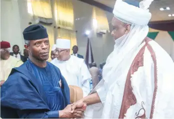  ??  ?? Vice President, Prof. Yemi Osinbajo with His Eminence Sultan of Sokoto, Muhammad Sa’ad Abubakar at 2018 Annual Lecture of Barewa Old Boys Associatio­n (BOBA), held at Umaru Ali Shinkafi Polytechni­c in Sokoto… yesterday