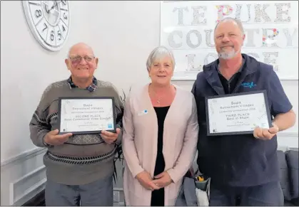  ??  ?? John Madden, Brenda Littlejohn and Peter Kenny with certificat­es recognisin­g Te Puke Country Lodge’s BUPA garden awards success.