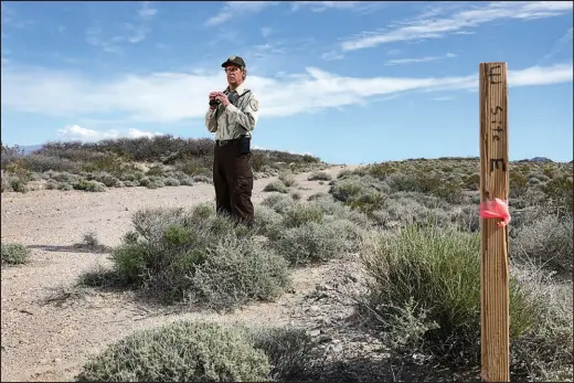  ?? STEVE MARCUS ?? Kevin Desroberts, acting manager of the Ash Meadows National Wildlife Refuge, looks out from a site north of the refuge March 5. The stake at right marks a spot intended for explorator­y drilling for lithium. Officials and environmen­talists worry that drilling could alter the aquifer that feeds water into the refuge.