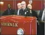  ?? Erik Trautmann / Hearst CT Media ?? Norwalk Fire Chief Gino Gatto announces the department will join the new State of Connecticu­t Firefighte­r Testing Consortium.