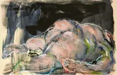 ?? Foto: Norbert Kiening ?? Fleischige Fülle zeigt der im Rausch hingestrec­kte nackte „Bacchus“von Christa Maria Marschall in der Akt-Ausstellun­g in der Abraxas-Kunsthalle.