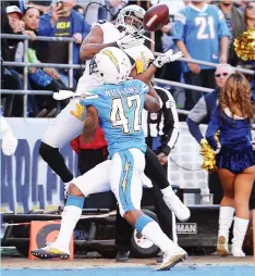  ?? (Reuters) ?? OAKLAND RAIDERS receiver Michael Crabtree (back) catches a touchdown pass while being blanketed by San Diego Chargers cornerback Trevor Williams during the second quarter of the Raiders’ 19-16 road victory on Sunday night that clinched their first...