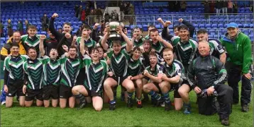  ??  ?? Shane Stokes, the Gorey Community School captain, with team-mates after accepting the cup.