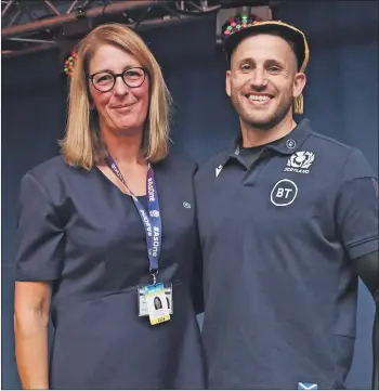  ?? Photograph: Gary Hutchison/SNS Group/SRU. ?? Dee Bradbury presents Tommy Seymour with his 50th cap following the Rugby World Cup warm-up match between Scotland and Georgia at BT Murrayfiel­d last month.