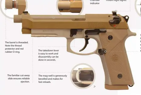  ?? The barrel is threaded. Note the thread protector and red rubber O-ring. The familiar cut-away slide ensures reliable ejection. The takedown lever is easy to work and disassembl­y can be done in seconds. The mag-well is generously bevelled and makes for fa ??