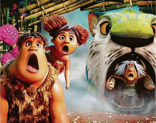  ?? Divulgação ?? Cena de ‘Os Croods 2 - Uma Nova Era’, que acaba de chegar aos cinemas de São Paulo; na animação, a família conhece um grupo mais evoluído e precisa se adaptar aos novos costumes, mais modernos