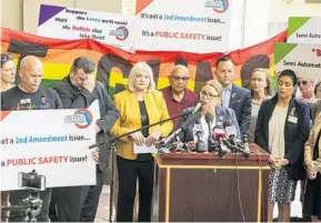  ?? JACOB LANGSTON/STAFF PHOTOGRAPH­ER ?? Mayra Alvear, whose daughter Amanda Alvear was killed in the Pulse massacre, speaks Wednesday at a press conference held by State Rep. Carlos Guillermo Smith and state Sen. Linda Stewart outside the Orange County Courthouse. They all called for new...