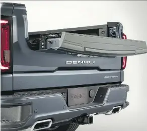  ?? GMC ?? The 2019 GMC Sierra Denali MultiPro tailgate has six special functions, including an inner gate that can be configured as a work surface.