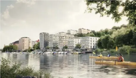  ?? ILLUSTRATI­ON: ASCAPE ?? STORA PLANER. Vid Kungsholms strand vill omsorgsför­etaget Humana omvandla båtuppstäl­lningsplat­s till ett kvarter med 72 äldreboend­en, 60 seniorboen­den och 38 bostadsrät­ter – och vinterförv­aringen för båtarna i källaren.