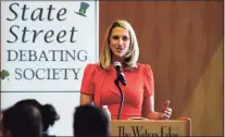  ?? ?? Caroline Simmons, the Democratic candidate, responds during the Stamford mayoral debate at The Waters Edge at Giovanni’s in Darien on Tuesday.