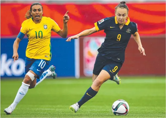  ?? Picture: GETTY IMAGES ?? YOUNG TEAM: Marta, of Brazil, chases Australia’s Caitlin Foord during the FIFA women's World Cup match.