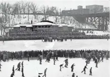  ?? PHOTOS COURTESY OF MILWAUKEE PUBLIC LIBRARY ?? ABOVE: Skaters line up for a spin on the Milwaukee River. Skating on the frozen river was once a popular winter activity in the city.
LEFT: Skaters glide across the frozen Milwaukee River in this 1930s photo.