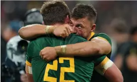  ?? Photograph: David Davies/PA ?? South Africa’s Jasper Wiese (left) and Handré Pollard celebrate victory at the final whistle after the Rugby World Cup 2023 final.