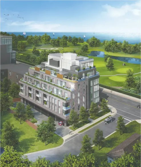  ?? Photos: Sunrise Gate Homes ?? The eight-storey Terrasse condo project in Scarboroug­h will feature scenery of golfing greens and Lake Ontario blues.